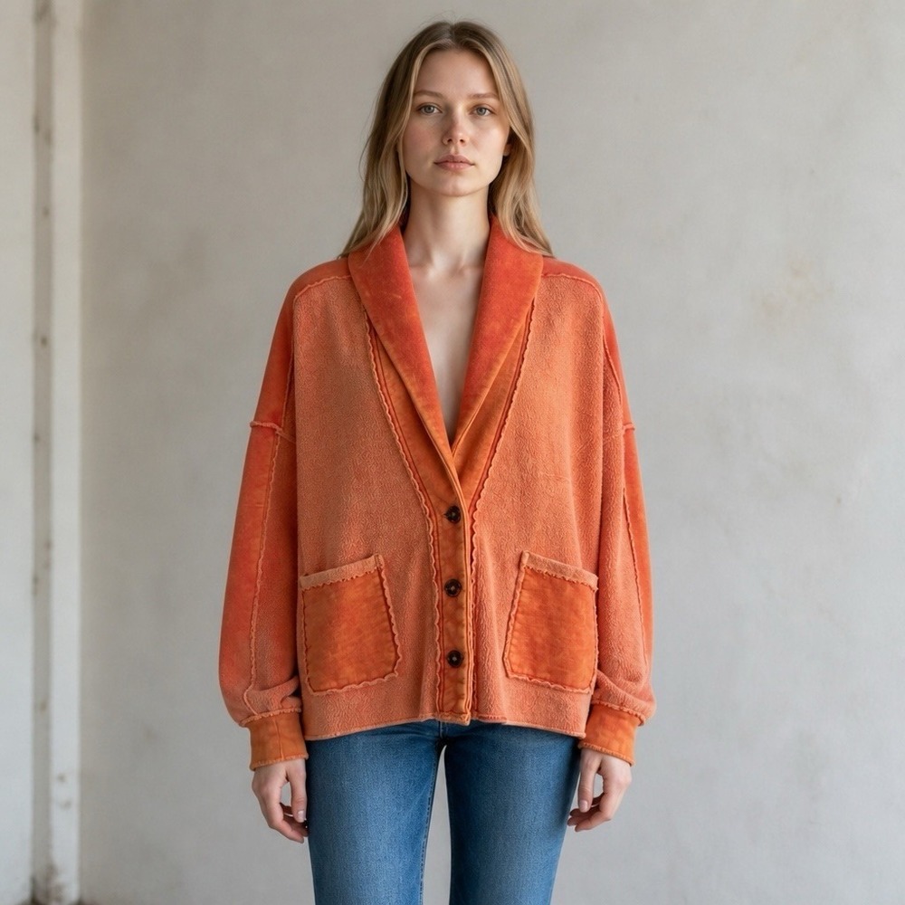 Free People Women's OVERSIZED S Button‎ Jacket Acidwashed Orange EUC